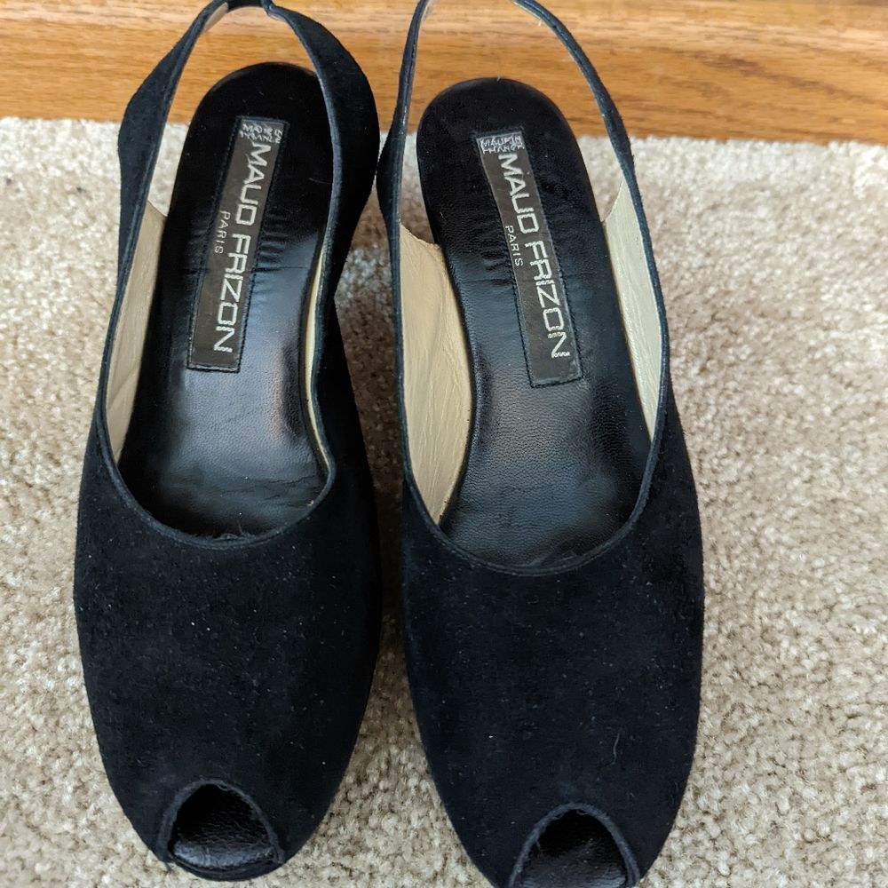 MAUD frizon black suede peeptoe slingbacks sz 5.5 euc